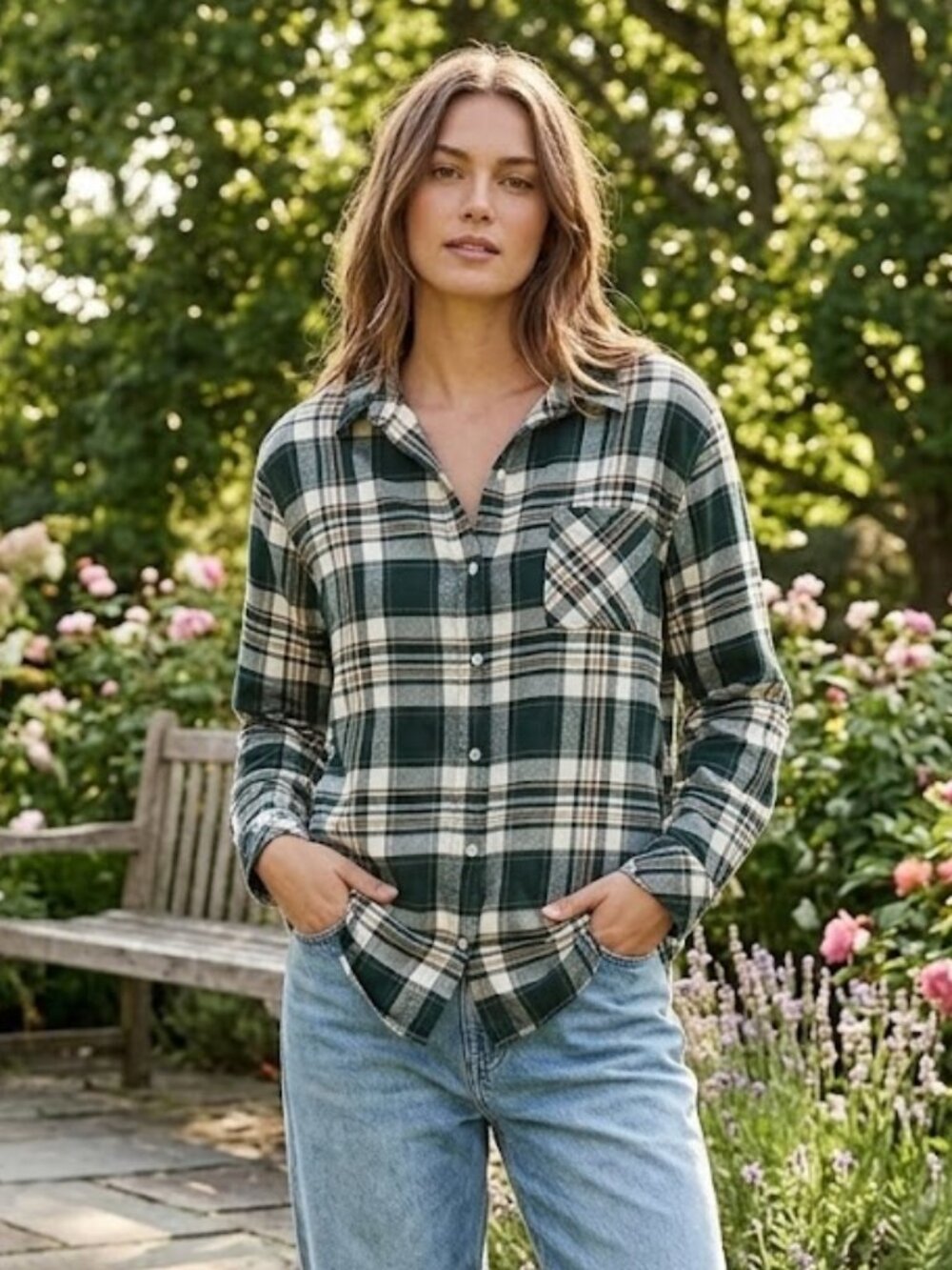 Wrangler Shirt Women's XL Kelly Green Buffalo Plaid Western Flannel 100% Cotton